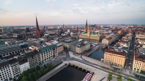 Establishing Aerial View Shot of Hamburg De, Mecklenburg-Western Pomerania, Germany, morning, push in, Town Hall and historic churches