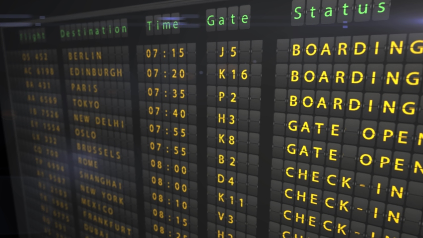 Flight departure board at the airport with information about the status of flights to different destinations in the world. Flight information changed to canceled due to an accident or bad weather Royalty-Free Stock Footage #1086333647