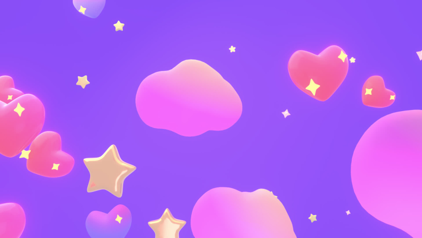 Looped cartoon animation of hearts with diamond stars in the purple sky.