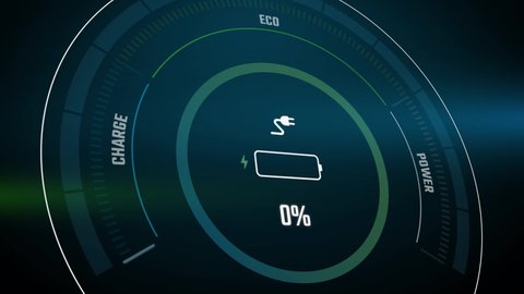 Battery charging digital display animation showing process of electric car battery charging. The charge indicator shows the progress of charging an electric car.