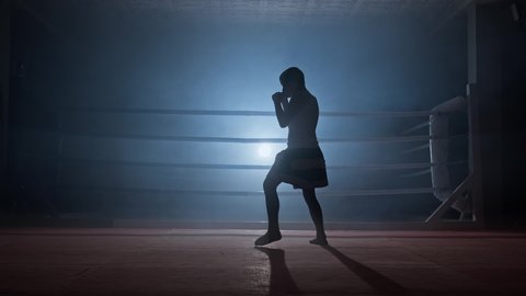 Silhouette of kid boxer preparing for big fight. Shadow fight. Male boxer training on black smoky background with light. Boy training in smoky gym. Sport concept. Full length in 4K, UHD