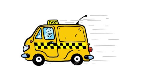 Taxi bus services car cartoon animation isolated. Fast driving. Seamless loop, luma matte included.
