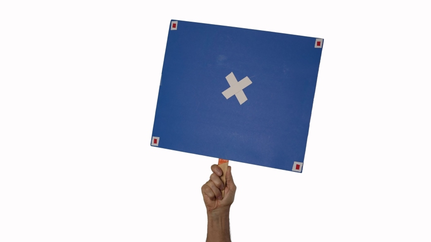 Hand holding blank copyspace chromakey advertise banner in protest on white background. Empty ads board card with motion tracking points. Clear advert sign panel poster for mock up advertising text.
