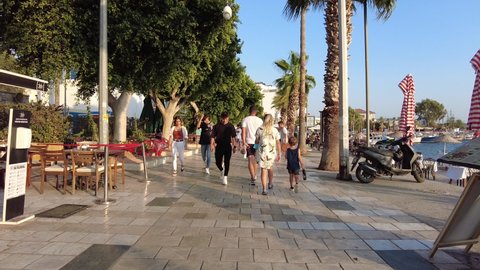 Bodrum embankment with cafes and restaurants. Bodrum Turkey August 2021