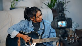 Vlogger Young Asian Woman Talking Recording Video Teaching Guitar