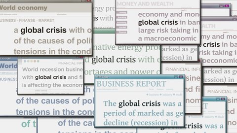 Pop up windows with global crisis economy, market and business crash on computer screen. Abstract concept of news titles across media. Seamless and looped display animation.