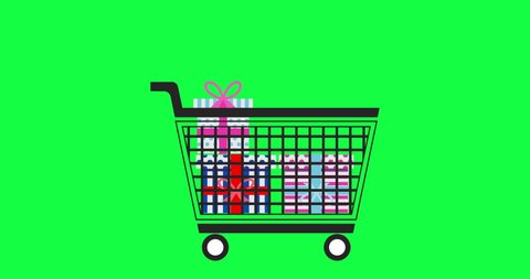 Black shopping cart with gift boxes rolling. Side view. Shopping mall trolley filling with beautiful bright boxes. For business, supermarket, online store. Store and shopping symbol. Motion animation.