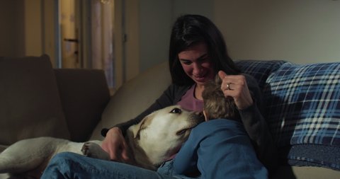 Cinematic authentic shot of young mother and cute little boy son are having fun to cuddle and play together with their pet labrador retriever dog on sofa at home.