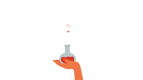Animation on a transparent background, hearts fly out of a bottle with a love potion. A human hand with a bottle of love elixir.