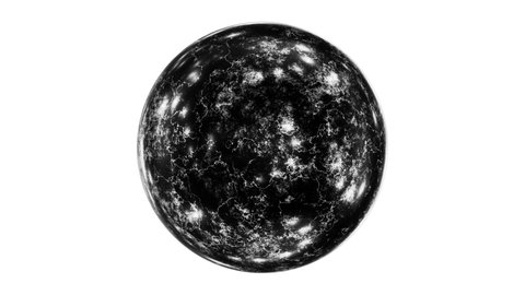 Realistic looping 3D animation of the spinning black marble or granite sphere rendered in UHD with alpha matte