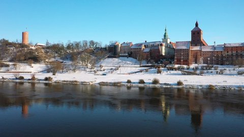 Grudziadz city by the Vistula river at snowy winter. Poland