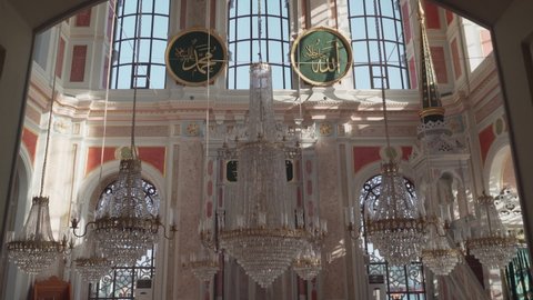 Istanbul, Turkey - September 18, 2021: Awesome interior of Ortakoy Mosque. The Ottoman imperial mosque is a popular destination among tourists and pilgrims in the world.