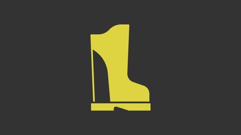 Yellow Waterproof rubber boot icon isolated on grey background. Gumboots for rainy weather, fishing, gardening. 4K Video motion graphic animation.