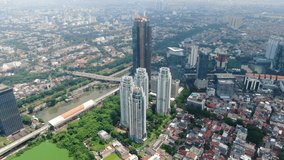 Skyscrapers in Central Jakarta, Indonesia. Aerial forward