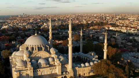 Aerial view of Istanbul and Suleymaniye Mosque during Sunset in Turkey - drone shot