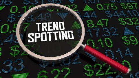 Trend Spotting Stock Market Share Magnifying Glass Price Search Find Momentum Buying Selling 3d Animation