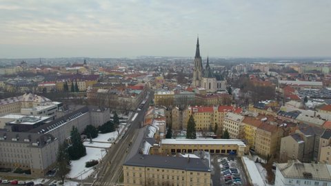 Aerial panorama of Olomouc city in Moravia covered with snow in winter, view of St. Wenceslas Cathedral - Czech Republic