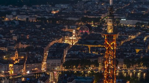 Lyon, France - circa 2021 - Lyon National Opera, 1st arrondissement of Lyon, Establishing Aerial View Shot of Lyon Fr, Auvergne-Rhone-Alpes, France at night evening