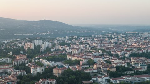 Hazy cityscape, Establishing Aerial View Shot of Lyon Fr, Auvergne-Rhone-Alpes, France