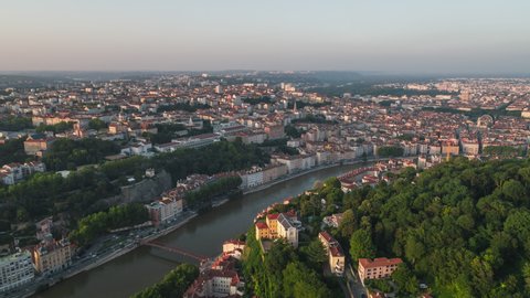 1st arrondissement of Lyon, track to the side, Establishing Aerial View Shot of Lyon Fr, Auvergne-Rhone-Alpes, France