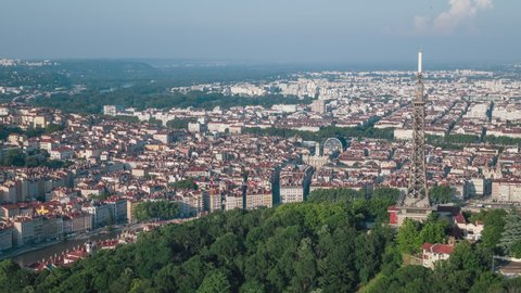 Delicious Push in to the city, downtown,  1st arrondissement of Lyon, Establishing Aerial View Shot of Lyon Fr, Auvergne-Rhone-Alpes, France