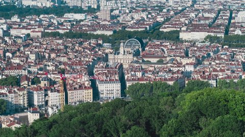 Lyon, France - circa 2021 - Establishing Aerial View Shot of Lyon Fr, Auvergne-Rhone-Alpes, France, day, downtown