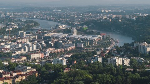 Broad daylight, wide view on long lens, La Confluence, Perrache, Perrache - Charlemagne, Establishing Aerial View Shot of Lyon Fr, Auvergne-Rhone-Alpes, France