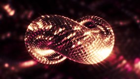Abstract shining 3D infinity sign spinning on a dark glowing background. Motion. Twisted shaped made of metal shining reflective particles, seamless loop.