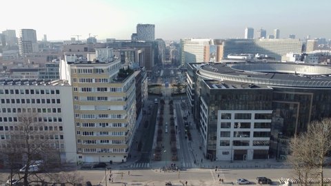 Brussels, Belgium 25 January 2022 : The European Quarter with the Berlaymont building in the background which houses the headquarters of the European Commission. Drone aerial view of Brussels skyline