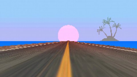 Empty road and sunset loop 8 bit. 3d animation