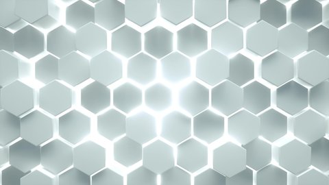 White geometric hexagonal abstract background with back light. Futuristic and technology concept. 3D render animation, infinite loop