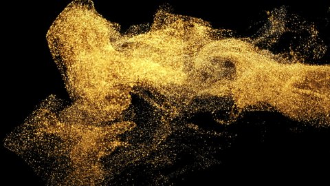 Sparkling glitter drops in water. Shiny golden particles swirling underwater in slow motion. Glamour art background. Abstract flowing glittering fluid liquid animation. Isolated on black