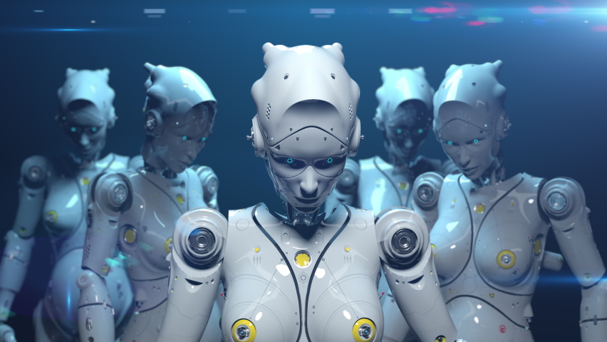 robots nodding their heads or listening to rhythmic music . allegorical animation on the theme of technology or artificial intelligence 