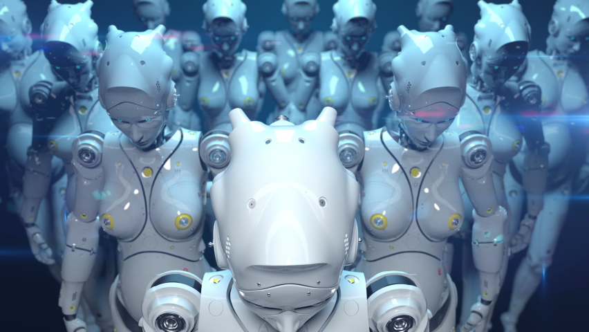 robots nodding their heads or listening to rhythmic music . allegorical animation on the theme of technology or artificial intelligence 