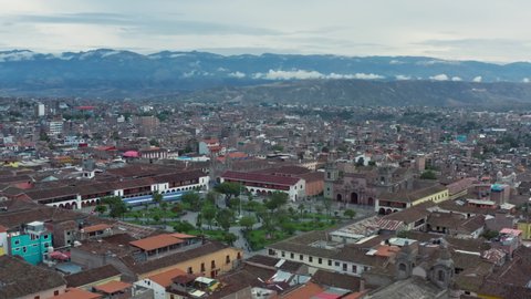 Aerial view Ayacucho Peru. The central square of the city with a church and buildings in the colonial style and a monument.