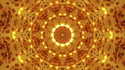 Golden kaleidoscope sequence patterns. Abstract multicoloured motion graphics background.