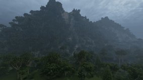Mountain cliff with bad weather, fog, and dark clouds, 4K