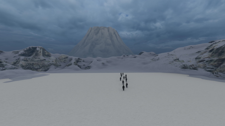 Expedition team on the way to a volcano, dark clouds on the sky, 4K