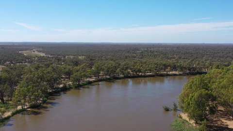Slow turning watercourse of Murray river in Riverina of Australia – aerial 4k.
