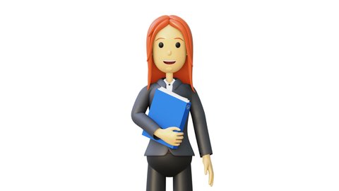 3d woman character. Cartoon businesswoman with folder in hands. Office worker greets colleagues. 3d render. Friendly employee of the company. Full hd animation with alpha channel in cartoon style.
