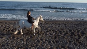 young beautiful woman riding an elegant white horse in the beach 