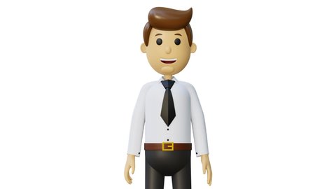 3d man character. Cartoon businessman with folder in hands. Office worker greets colleagues. 3d render. Friendly employee of the company. Full hd animation with alpha channel in cartoon style.