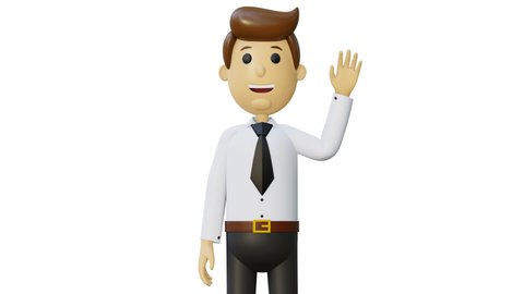 3d man character. Cartoon businessman with folder in hands. Office worker greets colleagues. 3d render. Friendly employee of the company. Full hd animation with alpha channel in cartoon style.