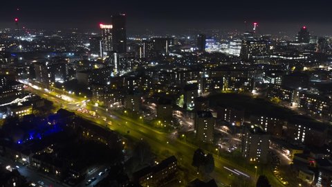BIRMINGHAM, UK - 2022: Birmingham UK night aerial timelapse with traffic