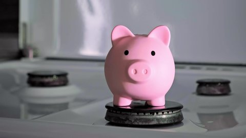 Piggy bank standing on a kitchen stove burner. Alternative savings money concept. Hand is putting a coins in a moneybox on a home background. High price for a gas resources. Investment for the future