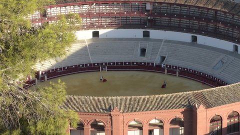 Malaga, Malaga Spain - 09 5 2021: Bullfighters training in the Malagueta bullring, Malaga, Spain