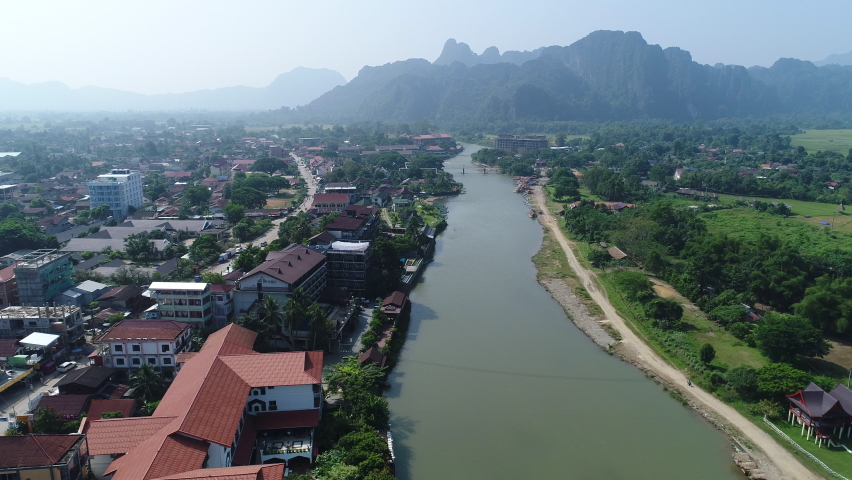 City of Vang Vieng in Laos seen from the sky Royalty-Free Stock Footage #1086408587