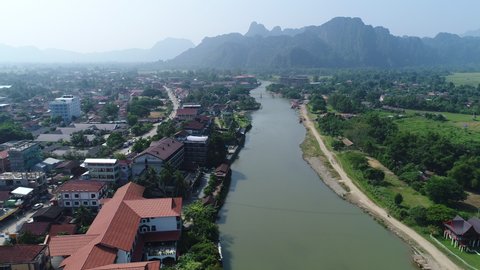 City of Vang Vieng in Laos seen from the sky