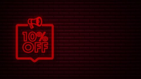 10 percent OFF Sale Discount Banner with megaphone. Discount offer price tag. 10 percent discount promotion Neon icon. Motion Graphic