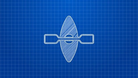 White line Kayak and paddle icon isolated on blue background. Kayak and canoe for fishing and tourism. Outdoor activities. 4K Video motion graphic animation.